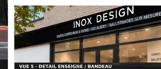 Détail de l'enseigne InoxDesign intégrée au bandeau noir