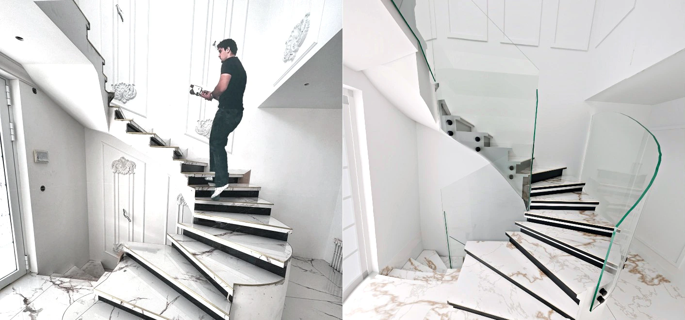 À gauche le chantier réel avec le technicien, à droite le rendu 3D du garde-corps, sous le même angle