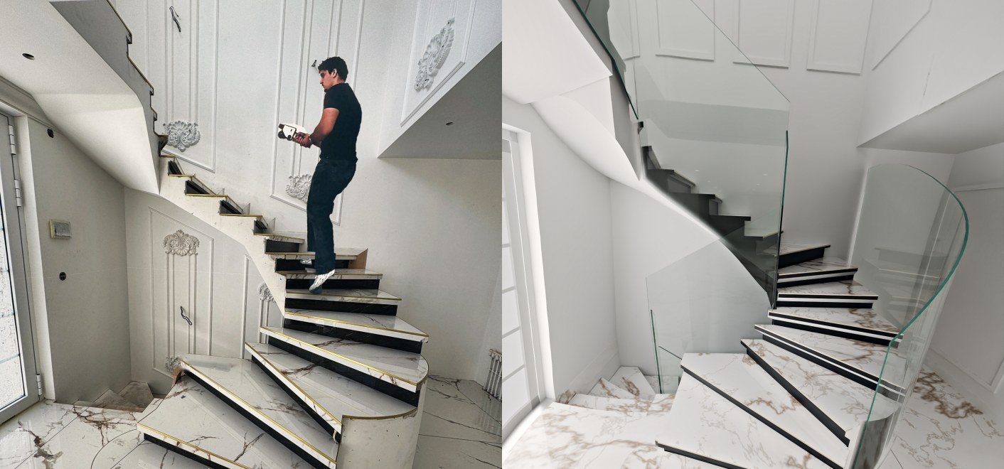 À gauche le chantier réel avec le technicien, à droite le rendu 3D du garde-corps, sous le même angle