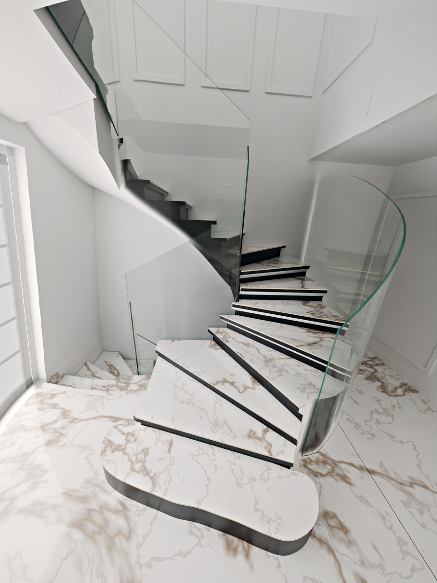 Rendu 3D du garde-corps en verre sur l’escalier relevé