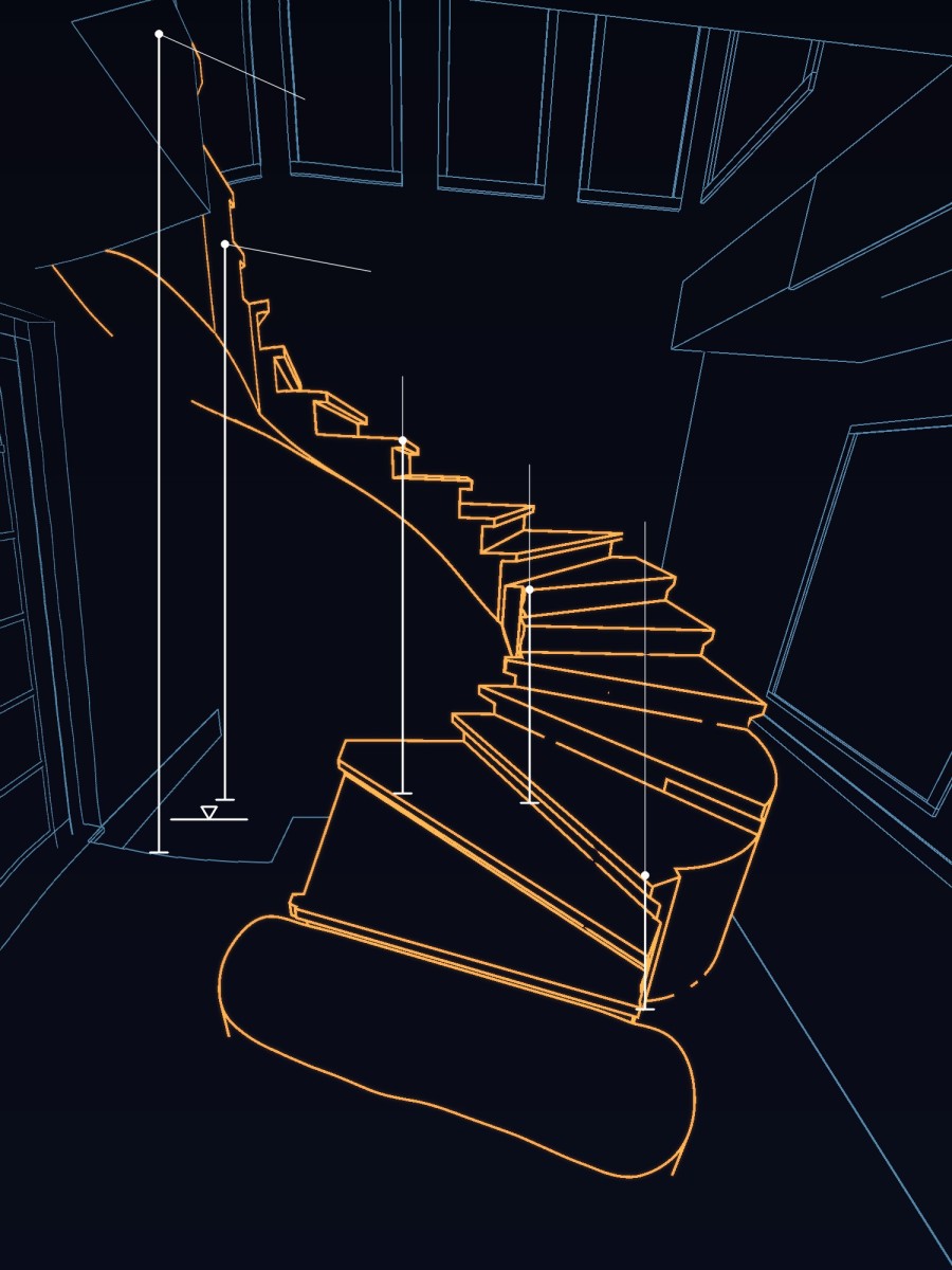 Géométrie 3D de l’escalier relevé, avec les niveaux toutes les quatre marches