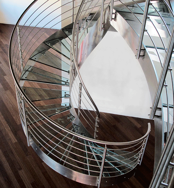 escalier hélicoidal verre à garde corps en inox 